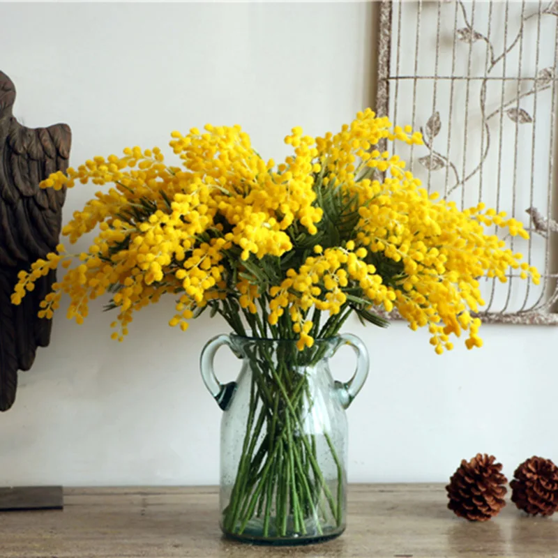 

Fake Yellow Flower Branch Artificial Plant Mimosa Plastic Leaves Small Pompon Stamen for Dining Table Bedroom Decor