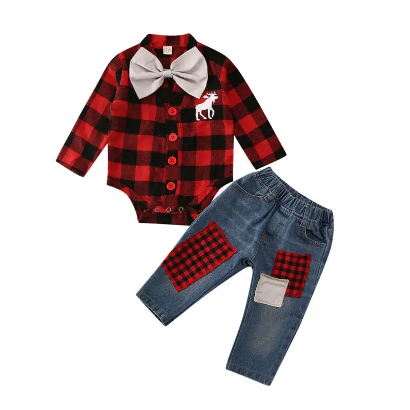 Лидер продаж Новинка Neugeborenes Baby Weihnachten клетчатые Топы Стрейчевые джинсы Hosen