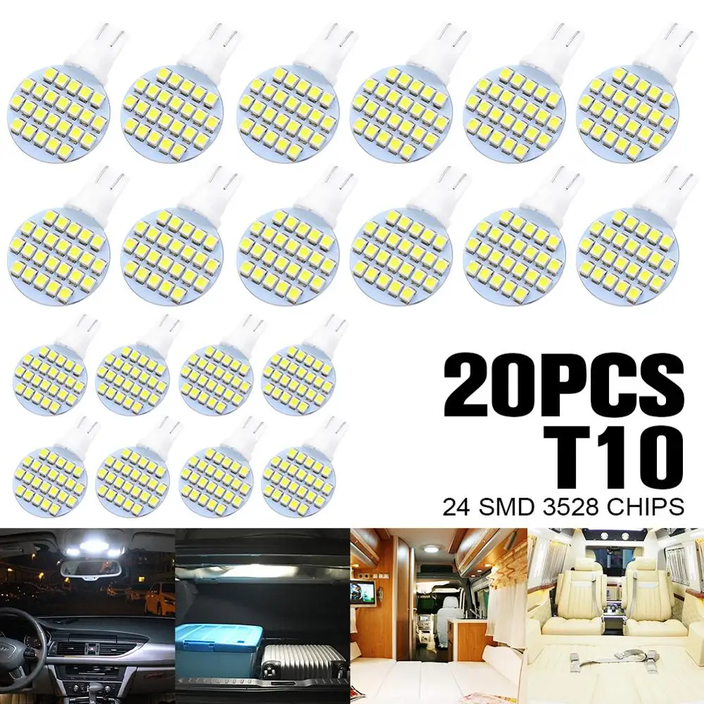 

20Pcs Car Auto Sidelight White Wedge Light T10 168 194 W5W 24 SMD LEDs 3528 Chips Dome Lamp Bulbs DC 12V Reading Bright Light