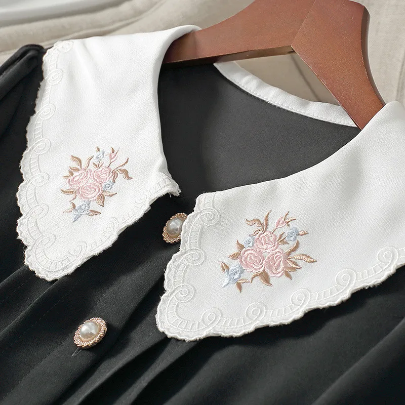 

Europe Fashion Woman Clothes 2021 New Runway Designers Long Sleeve Embroidery Collar Solid Black Empire Dress Spring Vestidos