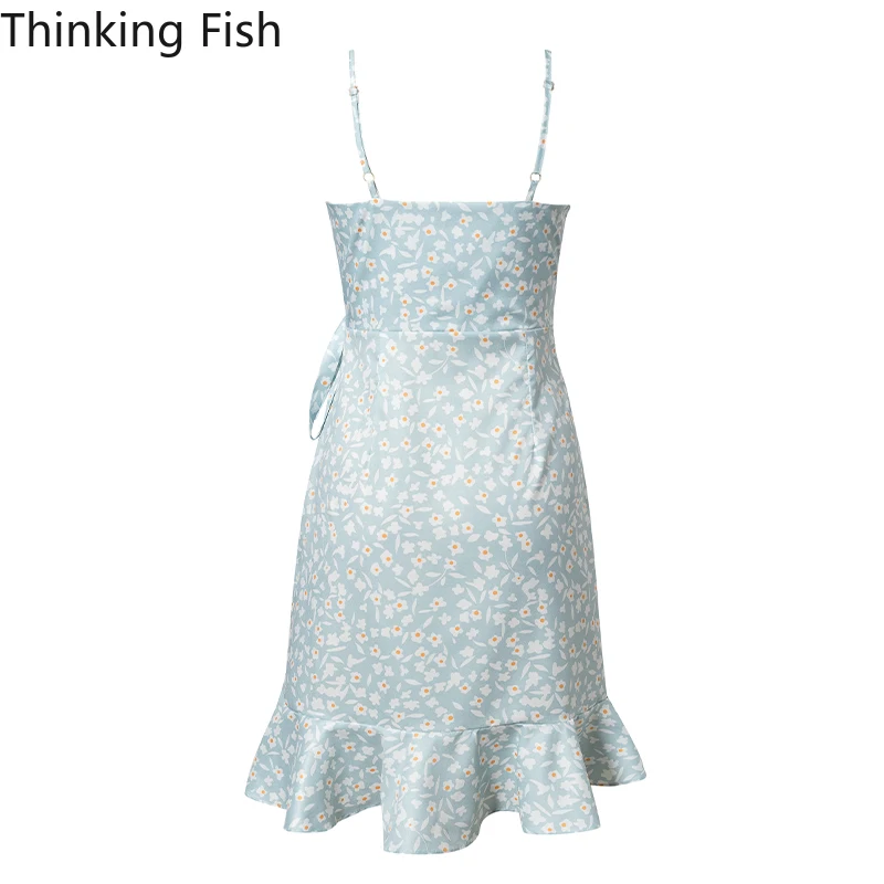 

boho beach summer casual wrap dresses women floral sexy ruffles plus size dress backless spaghetti strap dress vestidos L150