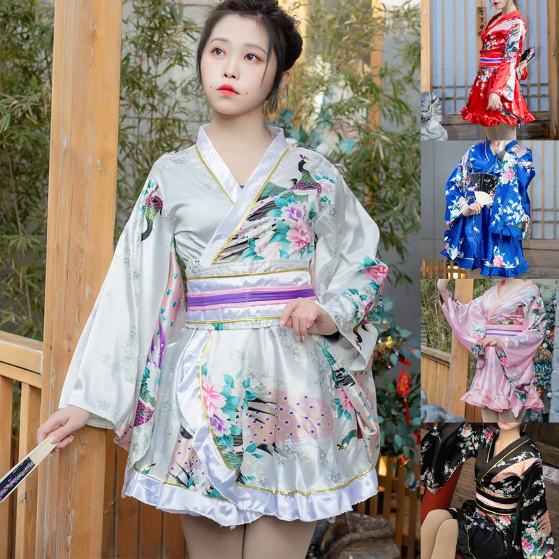 Женское кимоно японской гейши юката Ретро халаты Китайский Стиль павлин с