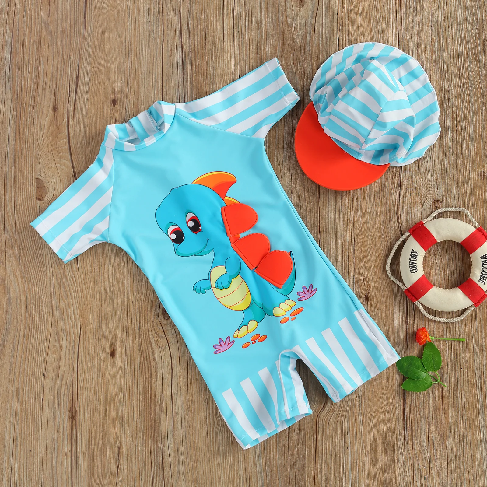 

2021 New Baby Boy Cartoon Dinosaur Printed Swimsuti + Hat Cap 1-6Y Kids Children Summer Casual Bathing Suit Swimwear Beachwear