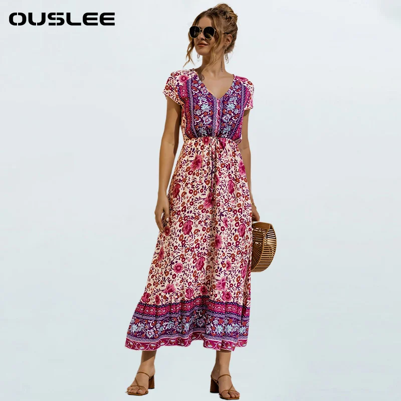 

OUSLEE 2021 Bohemia Style Button V neck Floral Printed Maxi Dress Womens Summer Ethnic Short Sleeves Strappy Long Dresses Female