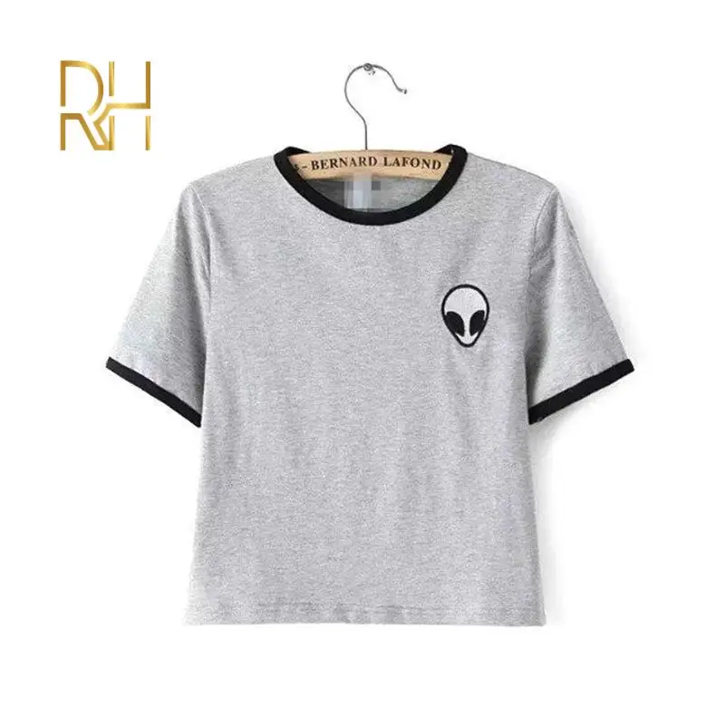 Кроп топ с милым принтом инопланетянина новинка летняя женская футболка круглым