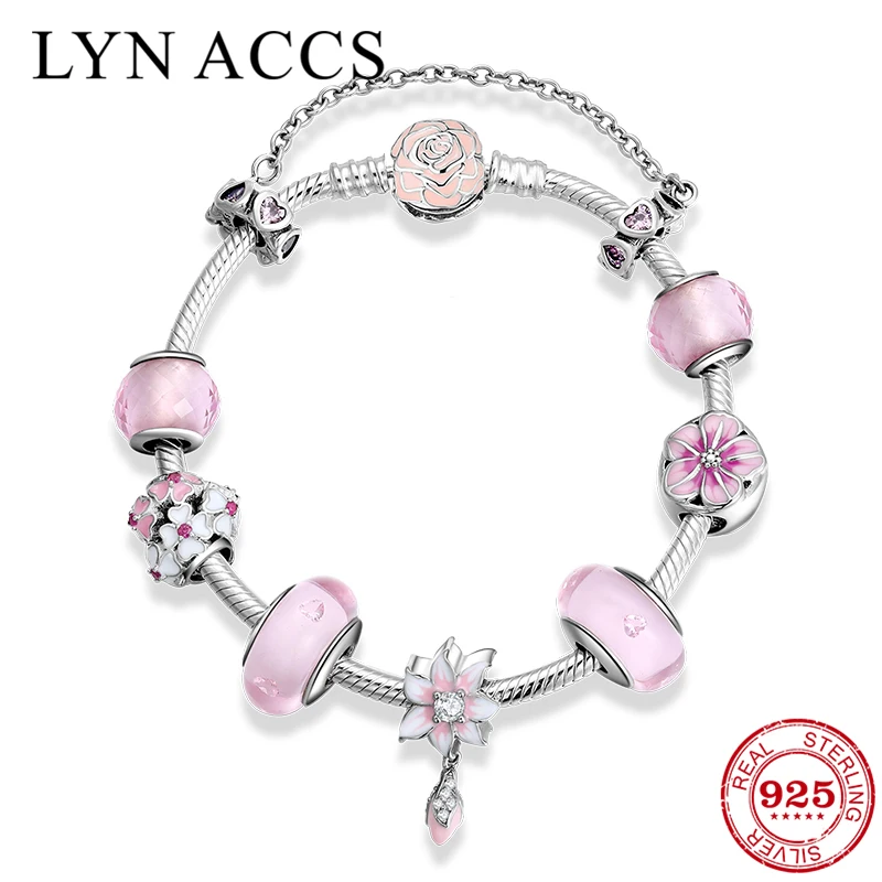 

Роскошное Настоящее Стерлинговое Серебро 925 пробы, розовое эмалированное сердце, циркониевые цветы, бусы, очаровательные браслеты, браслет...