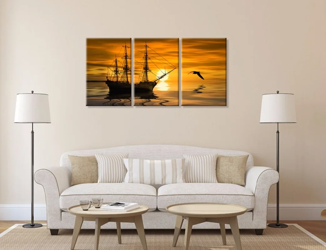 

Landscape Canvas Painting Sailing Boat and Seabird Wall Art Poster 3 Pieces Sunset HD Print Modern Wall Decor Picture