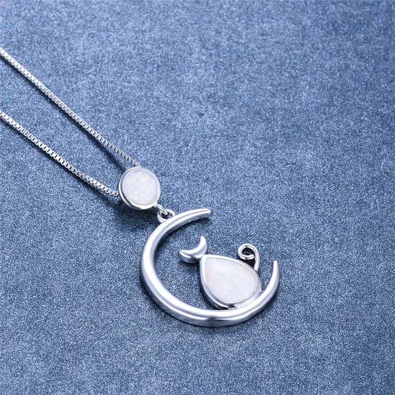 Cute Female Big Cat Moon Pendants Necklaces Silver Color Wedding For Women Boho White Blue Fire Opal Necklace | Украшения и