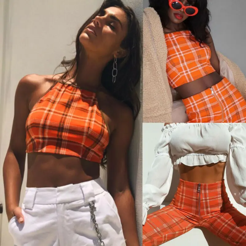 Женский комплект из 2 предметов клетчатый короткий топ с лямкой на шее и брюки