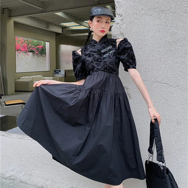 

Black Vintage Hollow Out Jacquard Women Summer Puff Sleeve Dress Female Designed Elegant Dresses Ladies Slim New Vestidos ML395