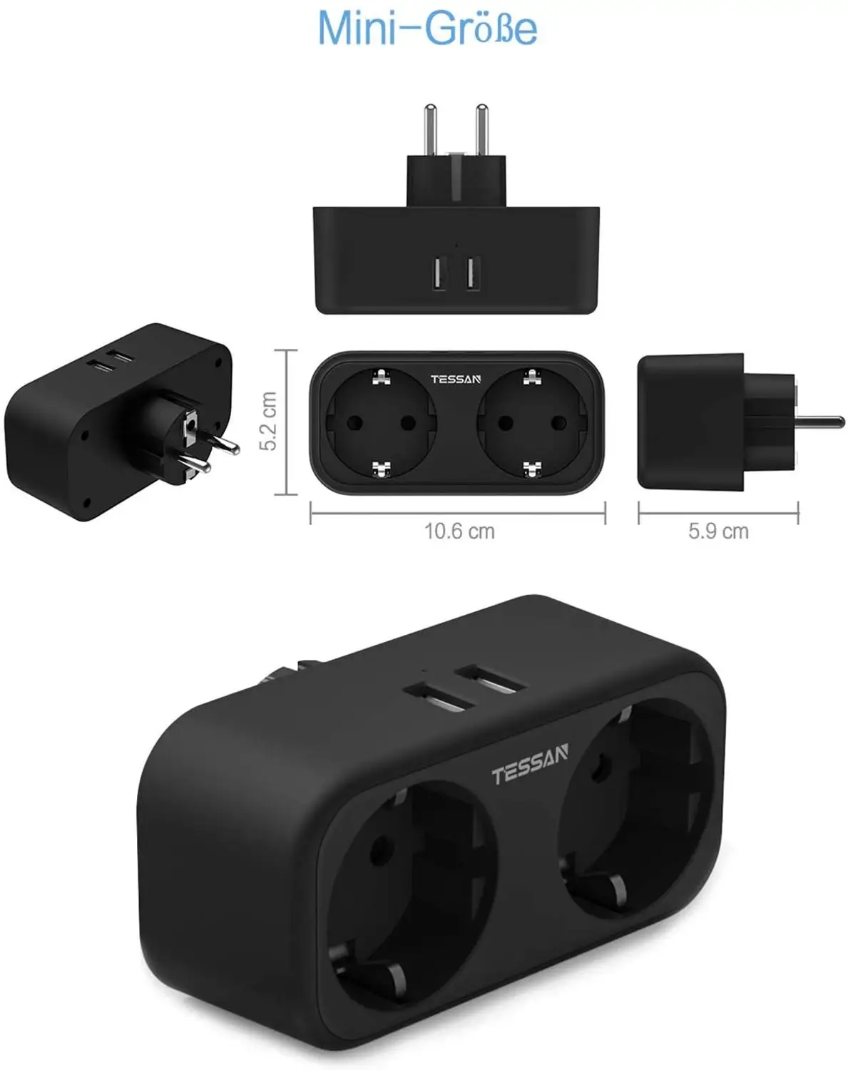 

TESSAN EU Plug Sockets Power Strip with 2 USB Ports 2 Outlets Wall Charger Adapter Overload Protector for Home Office