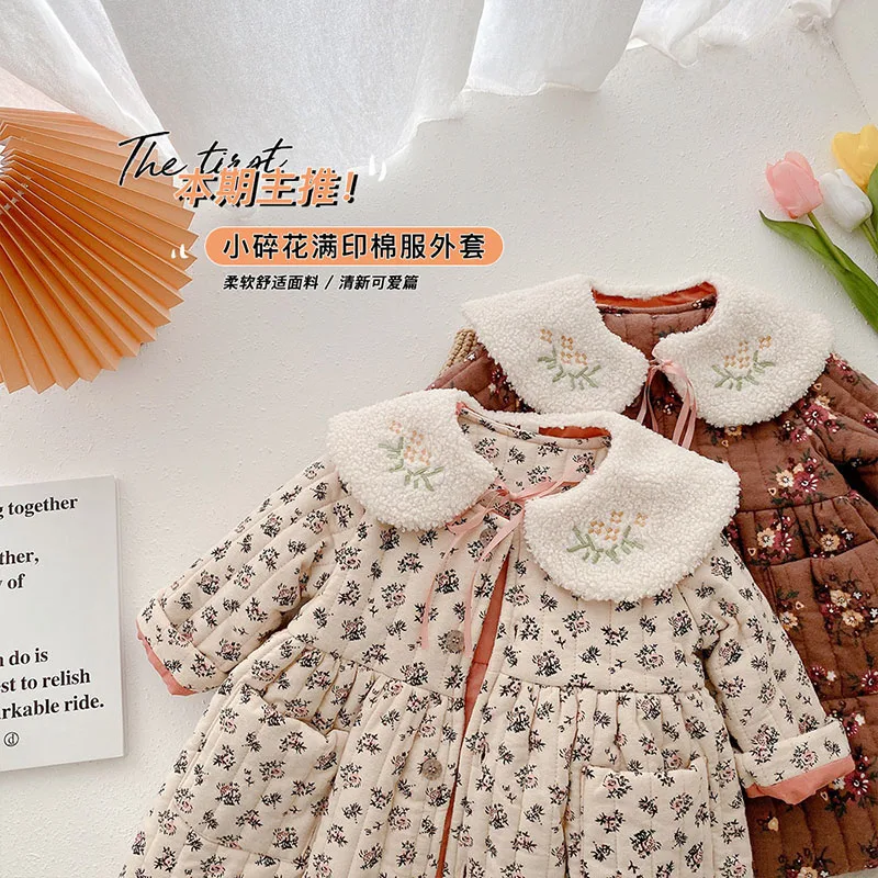 

MILANCEL 2021 Winter Kids Clothes Girls Dress Fur Lining Floral Turn-down Collar Coat Korean Children Outwears