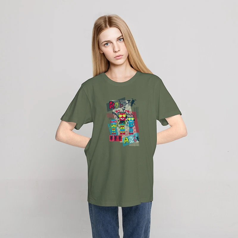 

Футболки с принтом робота, женские креативные повседневные футболки, модные футболки с круглым вырезом, простые женские футболки высокого ...