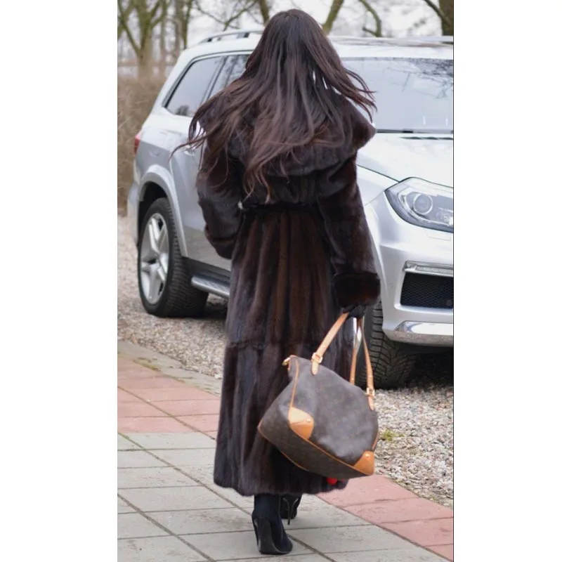 Winter Fashion 120cm Long Real Mink Fur Coats With Hood Thick Warm Whole Skin Genuine Mink Fur Jackets With Belt Slim Overcoats