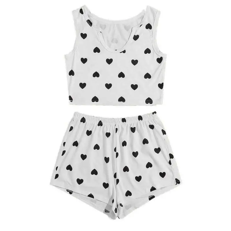 

Womens Heart Print Sleeveless Tops + Shorts Pants Casual Slim Fit Loungewear Set