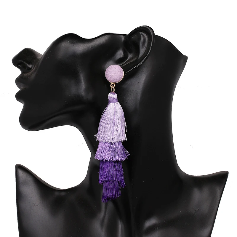 Богемные серьги с кисточками и кристаллами черные белые синие красные розовые