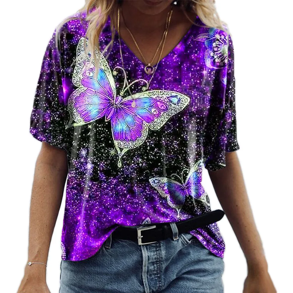 

Women Summer T Shirt Butterfly Printed Short Sleeve Tees Lady Casual Fashion Style Tops V Neck Printed Pullover Blouse