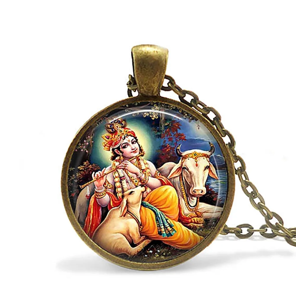

Vintage India Religion Necklace God Brahma Lord Shiva Vishnu Jewelry Glass Cabochon Pendant Chain Necklaces Religion Jewelry