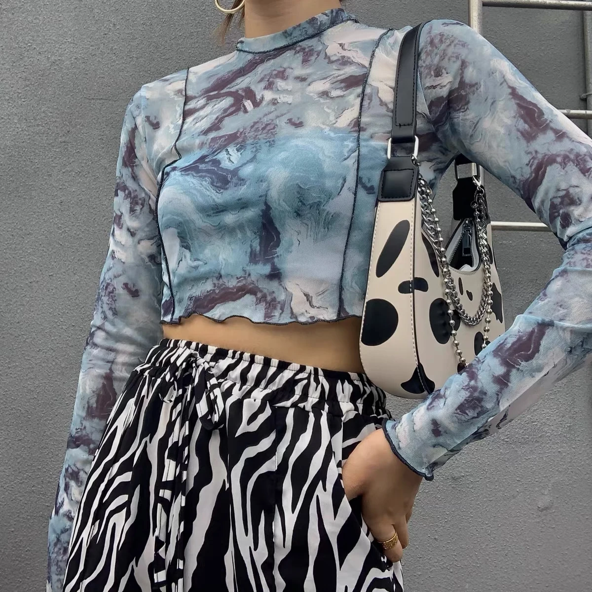 

Yedinas Summer Long Sleeve T-shirts Blue Tie Dye See Through Mesh Crop Tops Sexy Slim Women Folds Design Korean Club Streetwear