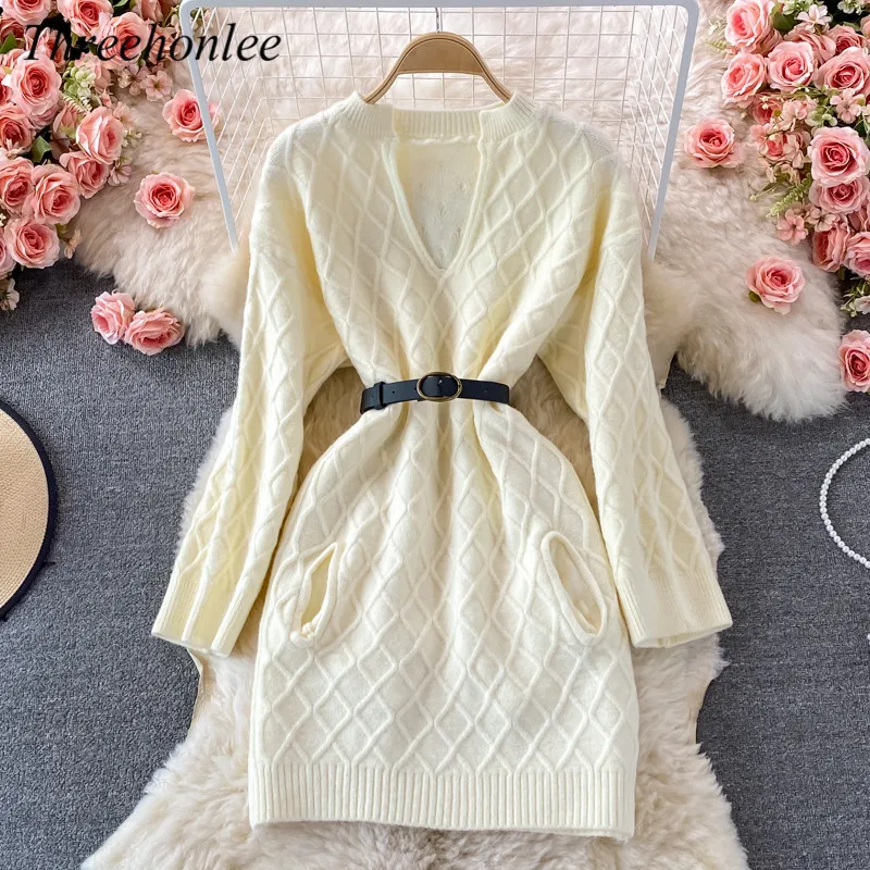 

Korean Elegant Dress For Women Autumn Winter Casual Vintage Long Sleeve Loose Short Sweater Knitted Mini Dresses Vestidos