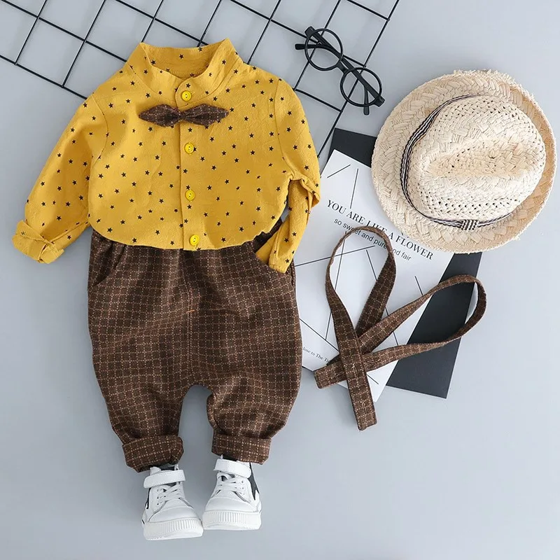 

Baby Boys Clothes Long-sleeved Gentleman Shirts Top+Strap Pant 2PCS Formal Baby Clothes For Boy