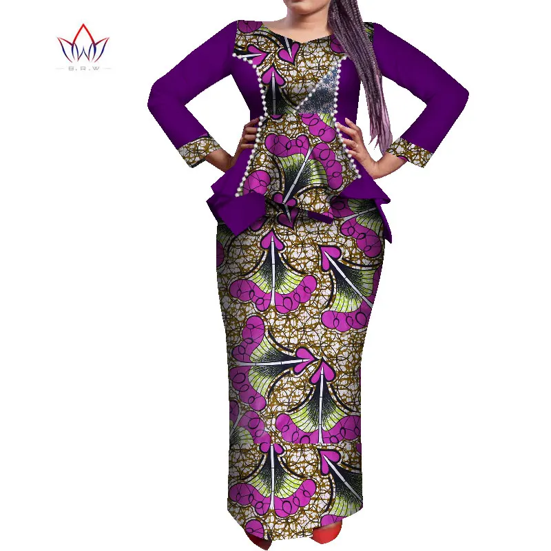 Customize African Print Peals Long Sleeve Tops and Skirt Sets for Women Bazin Riche African Clothing 2 Pieces Skirts Sets WY7641