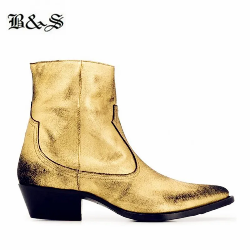 Винтажные золотистые облегающие мужские ботинки ручной работы с острым носком
