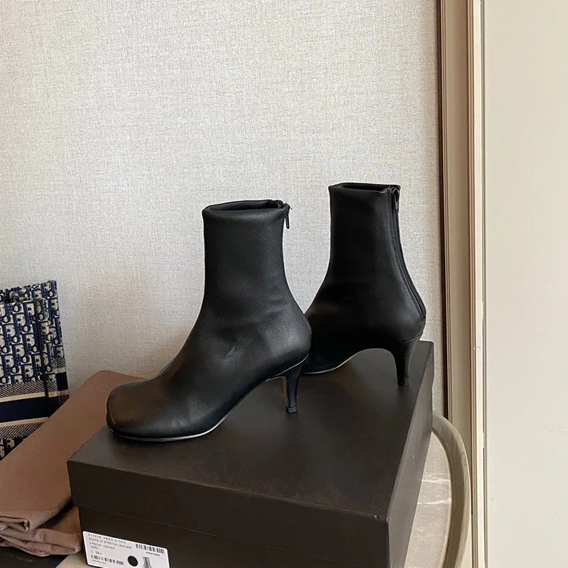 

Genuine Leather Stiletto Short Women's Boots 2020 Autumn/Winter New Square Toe High-Heel Thin Shoes Ladies Back Zipper Boots