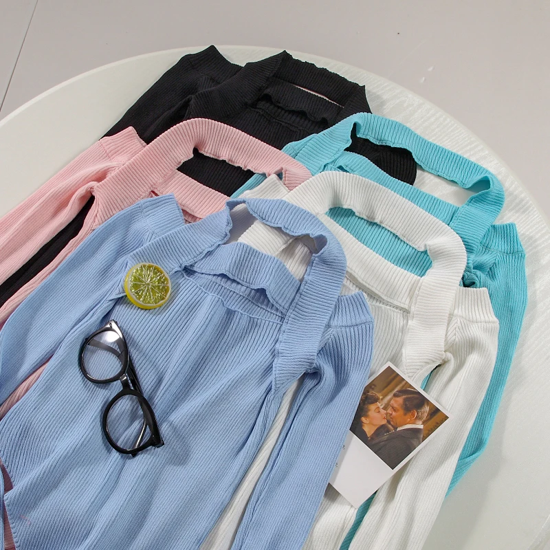 

Halter Sneaky Design Square Collar Sweater for Women 2021 Spring and Summer New off-Neck off-the-Shoulder Slim-Fit Long-Sleeved