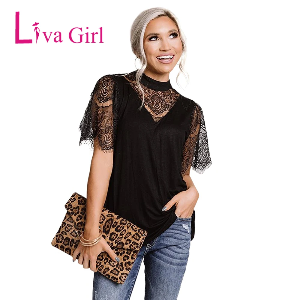 

Женский кружевной топ LIVA GIRL, повседневный черный однотонный топ с коротким рукавом и вырезами, одежда с круглым вырезом, лето 2021