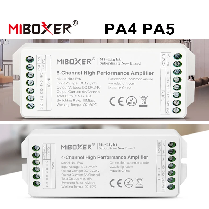 Miboxer PA4 4-Channel PA5 5-Channel High Speed Performance LED Strip Amplifier RGBW LED Controller 12V-24V Strong Compatibility