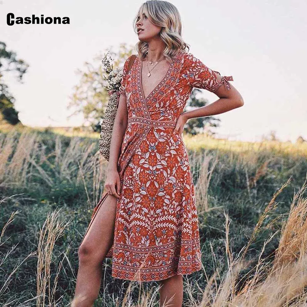 

Cashiona 2021 Summer Ladies Elegant V-neck Cover Up Dress Bohemian Flower Print Dresses Plus Size Women Casual Loose Beach Dress