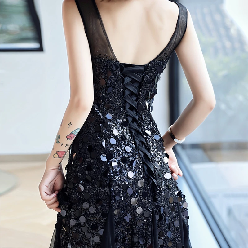 

Sequins Evening Dresses O-Neck Tank Sleeveless Plus size A-line Floor-length Elegant Bling Lace Woman Formal Party Dress A244