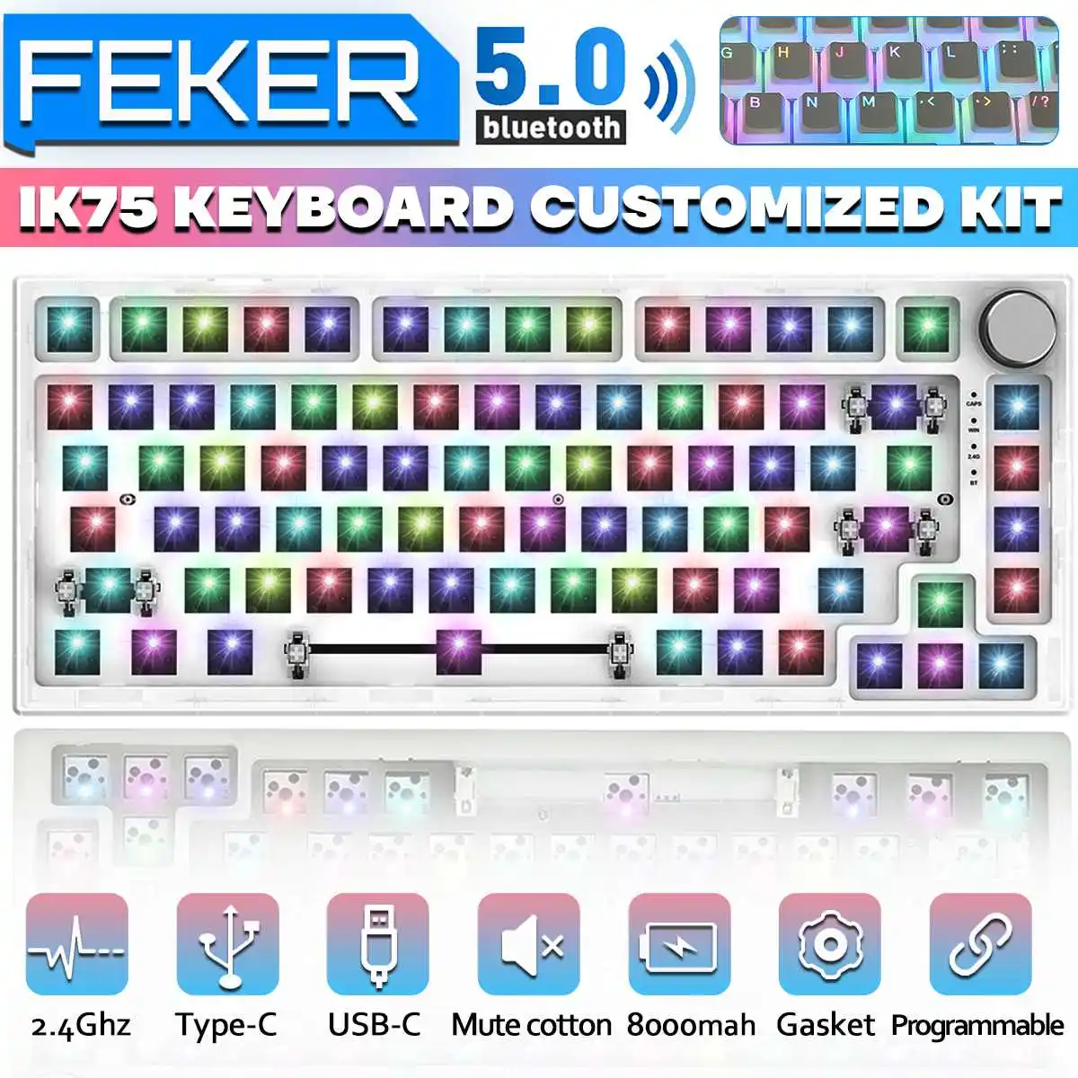 

FEKER IK75 Mechanical Keyboard Kit 82 Key Button Knob In 2.4G mode Wired + bluetooth 5.0 + 2.4G Connection With 8000Ma Battery