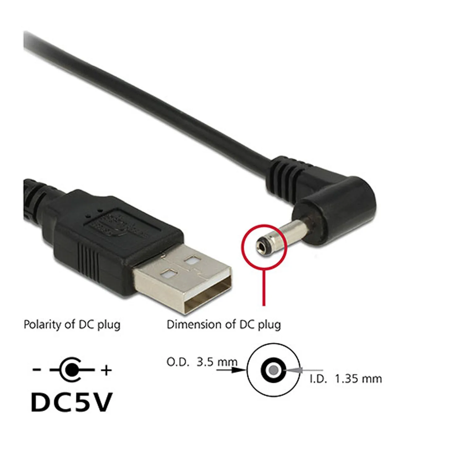 

Right Angled 90 Degree 3.5mm 1.35mm DC power Plug Barrel 5v Cable 100cm to USB 2.0 Male