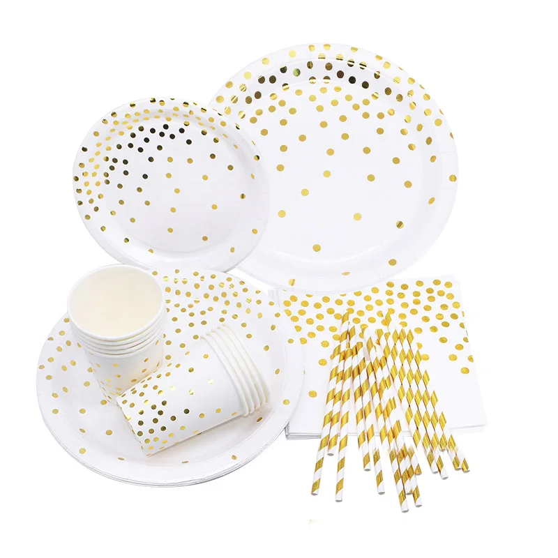 8 шт./лот золотые бумажные тарелки в горошек вечерние одноразовые для украшения