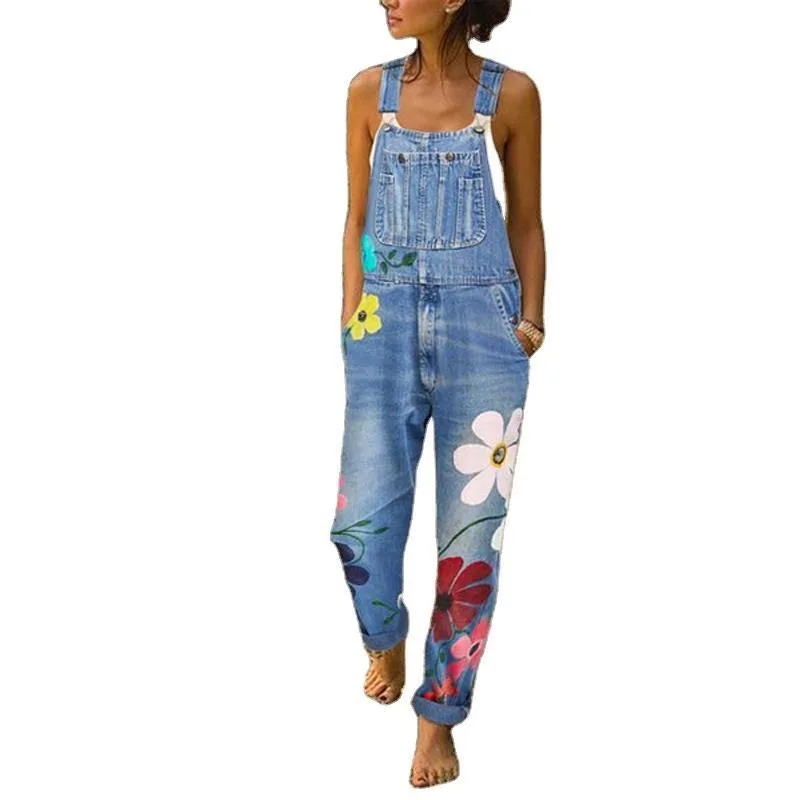 

Fashion Women Summer Autumn Casual Loose Jumpsuits Patchwork Design Pockets Decor Sling Sleeveless Flower Print Denim Overalls