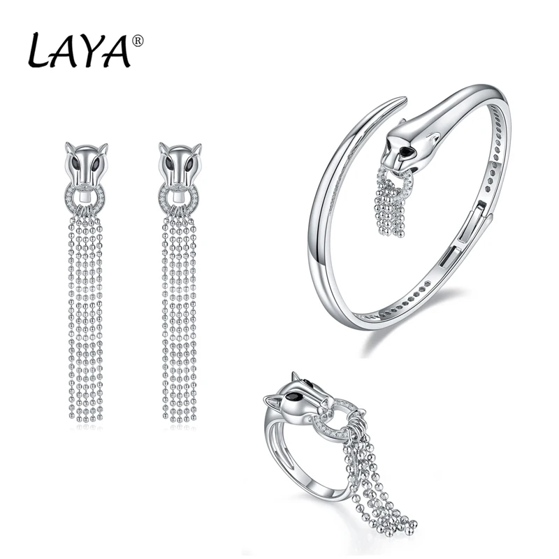 

925 Sterling Silver Leopard Head Tassel Style High Quality Zircon Adjustable Bracelet Earrings Ring Set For Women Party Jewelry