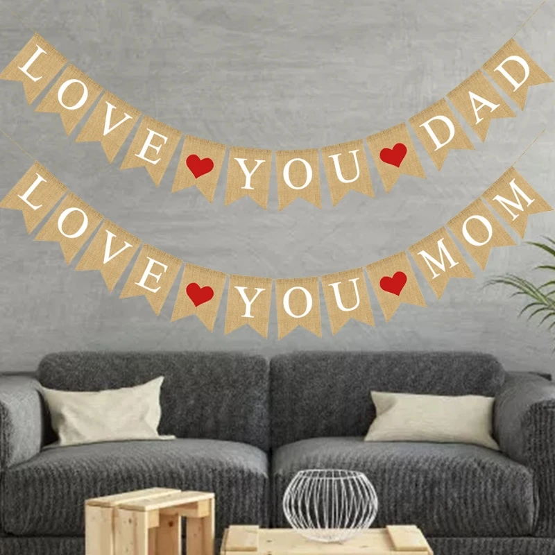 

Burlap Banner LOVE YOU MOM DAD Rustic Mothers Day Father Day Gifts Decorations