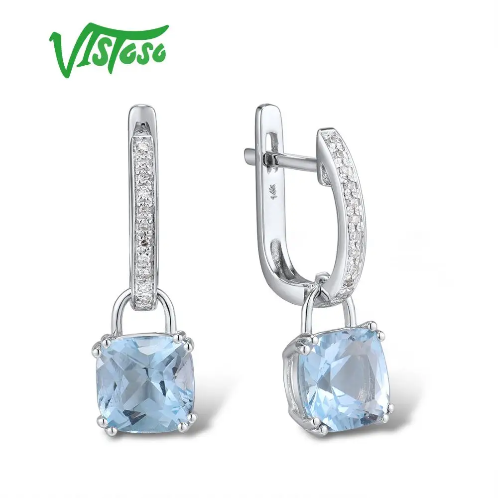 Серьги VISTOSO, золотые, для женщин, Аутентичные, 14 K, 585, белое золото, Блестящий Бриллиант, лимпид, небесно-голубой топаз, классические серьги, ювелирные украшения