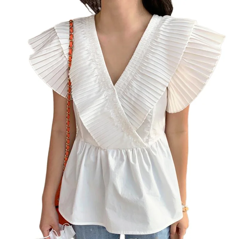 

Ladies Tunic Tops Summer 2021 Office Ruffles Shirts Women Short Sleeve Elegant Work Blouse Female V Neck Blusas Pleated XC726