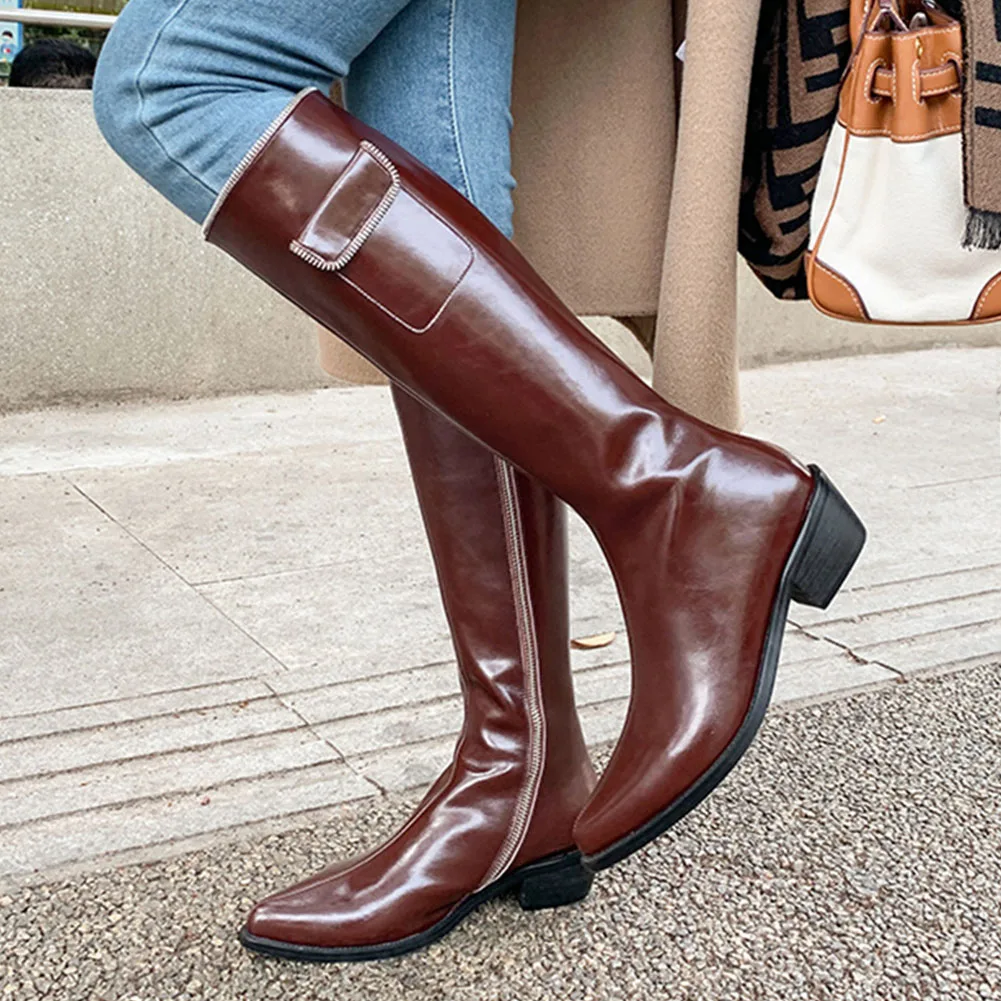 

Genuine Leather Cow Square Heel Pointed Toe Zip Solid Low Heel Knee-High Boots With Buckle Office Lady Women Shoes Large Size