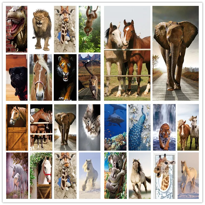 

Наклейки на дверь в виде слона, 3D лошади, обои, кошка, единорог, животные, водонепроницаемые фрески для дома, дизайн, виниловые постеры