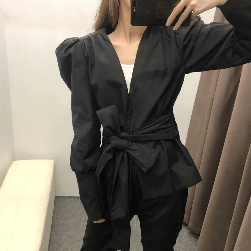 Модная Свободная блуза с пушистым рукавом 2019 женская черная рубашка v образным