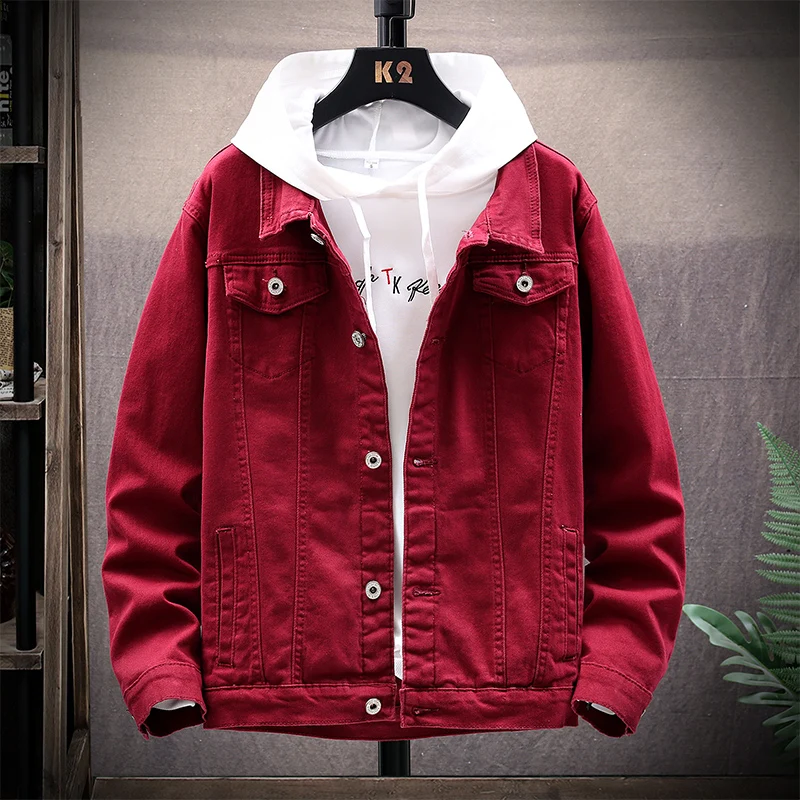 Мужская джинсовая куртка с длинным рукавом приталенная однобортная красного