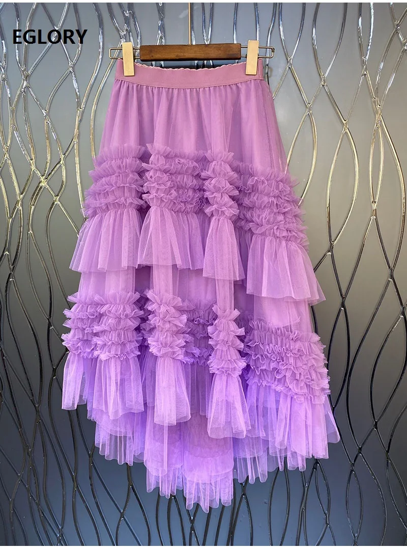 

Top Quality Women's Skirt 2021 Spring Summer Skirt Ladies Sexy Tulle Mesh Ruffle Sexy White Purple Khaki Black Gown Skirt Casual