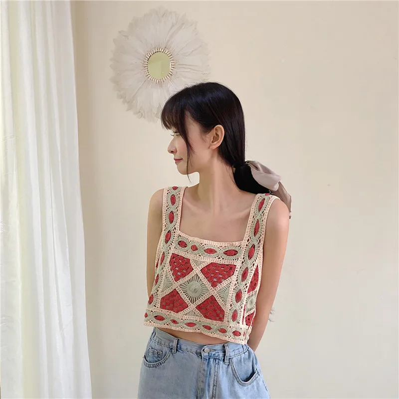 

Vintage Tank Tops Knitted Camisole Women Summer Design Cute Ladies Harajuku Girl Artistic Vintage Ulzzang Short Crochet Tops