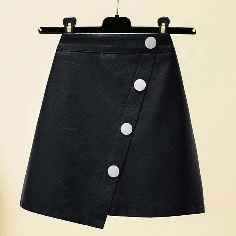 

PU Leather Skirt 2020 Autumn and Winter High Waist Short Irregular Button Skirt Woman Skirts Mujer Faldas Saias Mulher