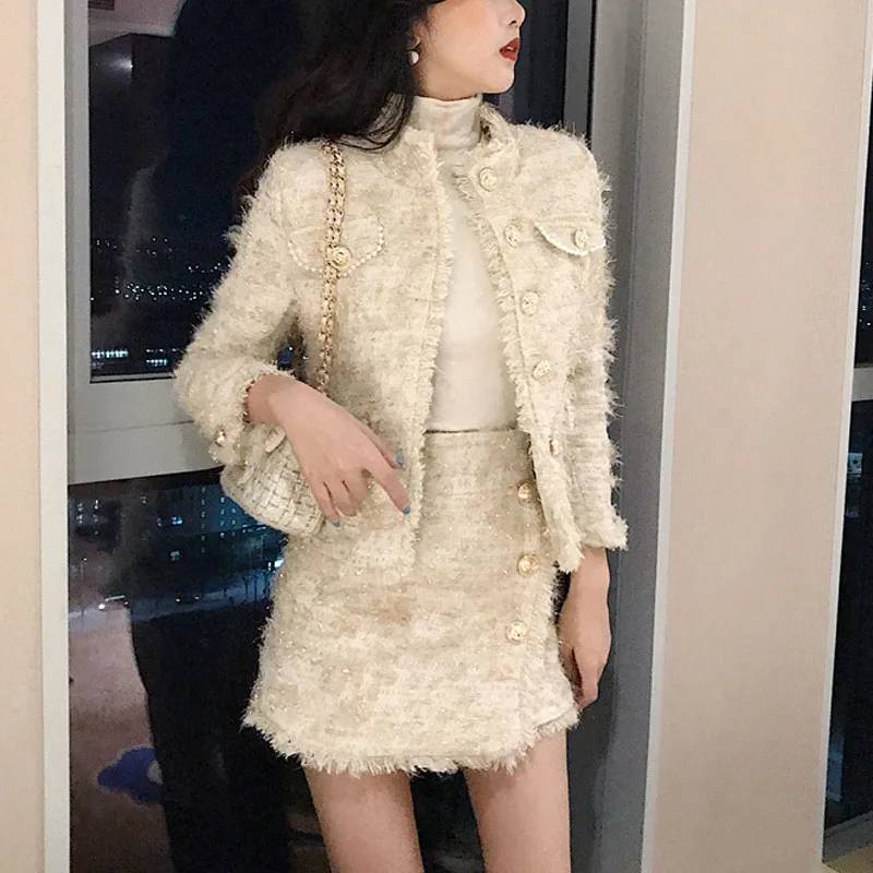 Возможно U женский бежевый твидовый пиджак мини-юбка карандаш комплект из 2