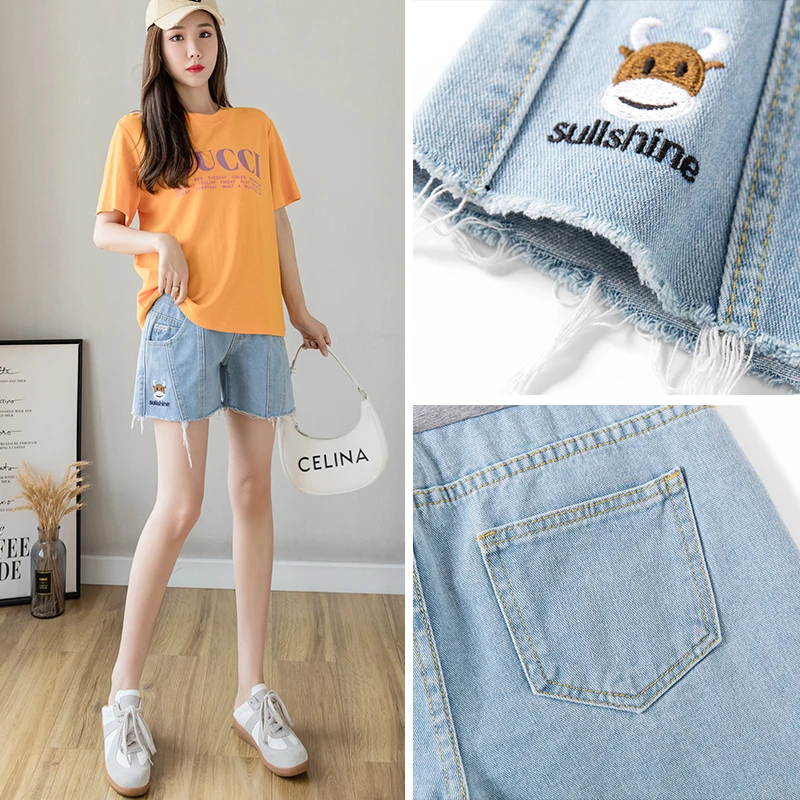 

6809# Summer Thin Denim Maternity Short Jeans Wide Leg Loose Belly Shorts Clothes for Pregnant Women Embroidery Casual Pregnancy